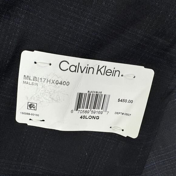 Calvin Klein Mens X Slim Fit Wool Blend Stretch Plaid Suit Jacket Black Blue 40L - Picture 3 of 5